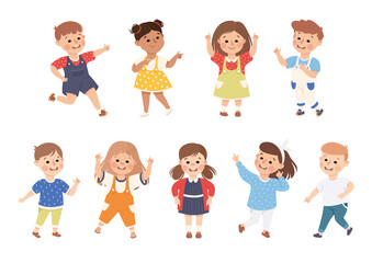 Funny Kids Pointing at Something with Extending Hand and Index Finger Vector Set