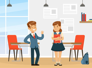Back to School with Boy and Girl Wearing Uniform Talking in Classroom Vector Illustration