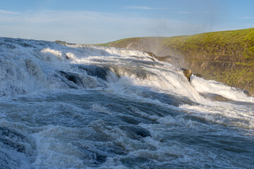 Beautiful aerial view of Iceland Gullfoss waterfall with a rainbow in the Golden Circule