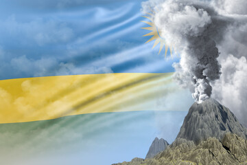 volcano blast eruption at day time with white smoke on Rwanda flag background, problems of eruption and volcanic ash concept - 3D illustration of nature