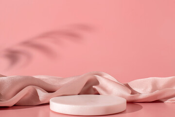 White marble podium on the pink background with silk fabric and shadow of tropical plant. Podium...