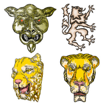 Set of tiger faces and heads made of stone and marble. Decorative animals, roaring and growling tigers. Insignia mascot and zodiac lunar New Year symbole style. Vector.