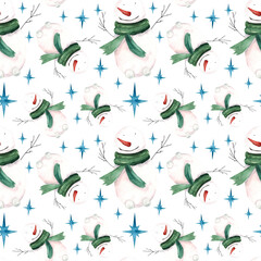 Seamless watercolor pattern. Seamless winter design on white background with snowmen and blue snowflake