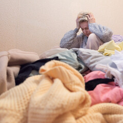 The woman covered her face with her hand. Despair over a lot of clothes. Shopogy concept. Clutter...