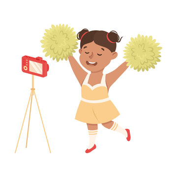 Cute Girl Recording Video with Camera While Cheerleading Vector Illustration