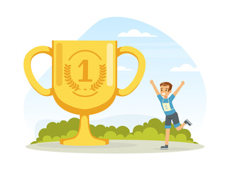 Little Boy Athlete Cheering About Gaining Golden Cup Award Vector Illustration