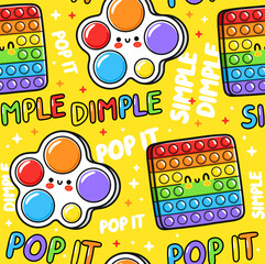 Cute funny Pop it and simple dimple sensory toy seamless pattern design. Vector hand drawn cartoon kawaii character illustration icon.Pop it,popit,simple dimple toy seamless pattern doodle concept