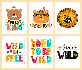 Cute funny scandinavian poster,t-shirt prints set collection.Vector scandinavian style cartoon character illustration.Bear,tiger,lion character,quote nursery t-shirt,card,poster print set concept