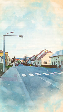 Watercolor pattern of Old town street colorful illustration