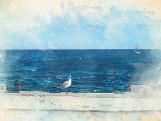 Watercolor pattern of a sea seagull scenic colorful illustration