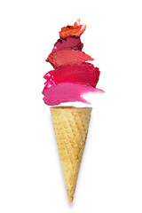 Creative food beauty concept photo of waffle cone with a stain made of cosmetics swatches  as...