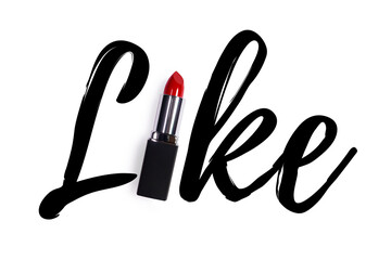 Creative fashion beauty concept photo of lipstick with sign text font on white background.
