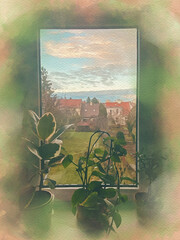 View from window on backyard watercolor pattern colorful illustration