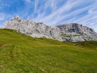 Hiking path leading up to Sulzfluh. Praettigau, Graubuenden, Switzerland.