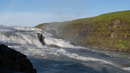 Beautiful aerial view of Iceland Gullfoss waterfall with a rainbow in the Golden Circule