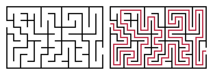 Abstract maze. Find right way. Isolated simple square maze black line on white background. Vector illustration.