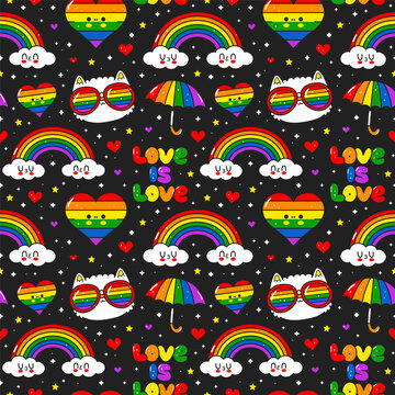 Cute kawaii Gay,LGBT seamless pattern. Vector doodle cartoon character illustration design. Gay,lgbt rigts,rainbow,heart seamless pattern print design for poster, t-shirt concept