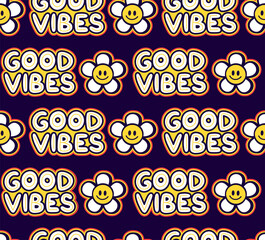 Good vibes funny hippie quote,flowers seamless pattern. Vector hand drawn logo cartoon character illustration. Good vibes,flower,hippie,60s fashion seamless pattern print concept