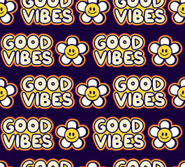 Good vibes funny hippie quote,flowers seamless pattern. Vector hand drawn logo cartoon character illustration. Good vibes,flower,hippie,60s fashion seamless pattern print concept