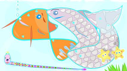 Two beautiful fish, one orange-red and the other silver, frolic seductively in the waters of the beautiful azure sea between bubbles and sea foam, two blushing yellow starfish fall in love under the g