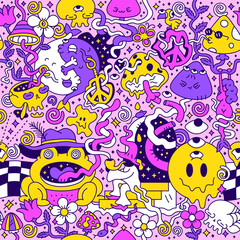 Psychedelic trippy seamless pattern.Mushroom,magic wizard smoking,melt smile face.Vector cartoon character illustration design.Trippy 60s,70s,magic mushroom,acid,cannabis seamless pattern art concept - obrazy, fototapety, plakaty
