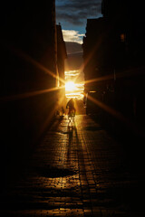 Fototapeta na wymiar A cyclist advance down a street under the setting sun