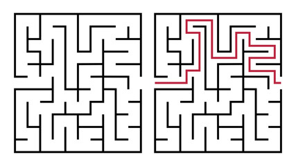 Abstract maze. Find right way. Isolated simple square maze black line on white background. Vector illustration.