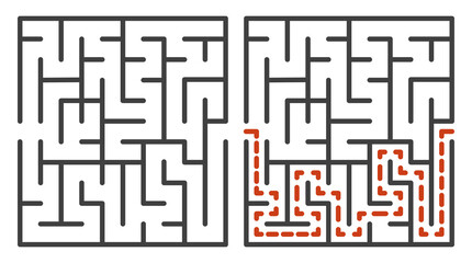 Abstract maze. Find right way. Isolated simple square maze black line on white background. Vector illustration.