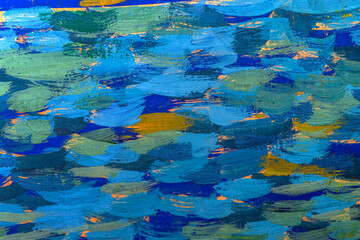 Fototapeta na wymiar Abstract background closeup of a painting with brushstrokes. Rough art paint smear. Large multicolor spots of brush strokes and palette knife on the canvas