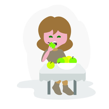Cartoon girl eating apples

Girl sitting at the table with apples simple flat character. Suitable for pictures and health food brochures
