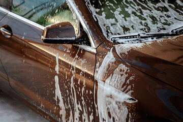 Special cleaning products for the car body. Car wash foam shine at the self-service station.