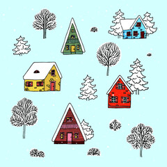 A Set Of House Vector Of The Winter Landscape. Design of Christmas holidays with a small Wooden house, Christmas trees, trees, bushes. Doodles of a winter village on a blue background.