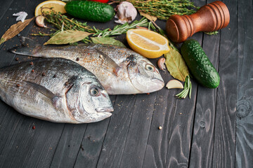 fresh fish ingredients wood board restaurant delicacy