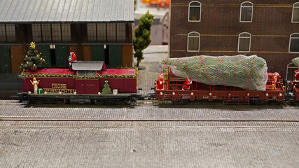 Christmas train with Merry Christmas writing and Christmas trees