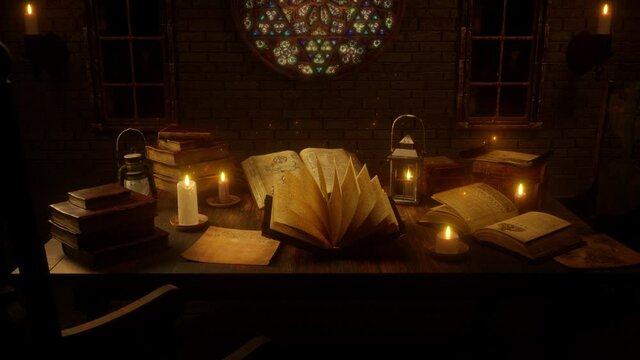Medieval Old Books Room illuminated by Candlelights - Loop Epic Fantasy Background