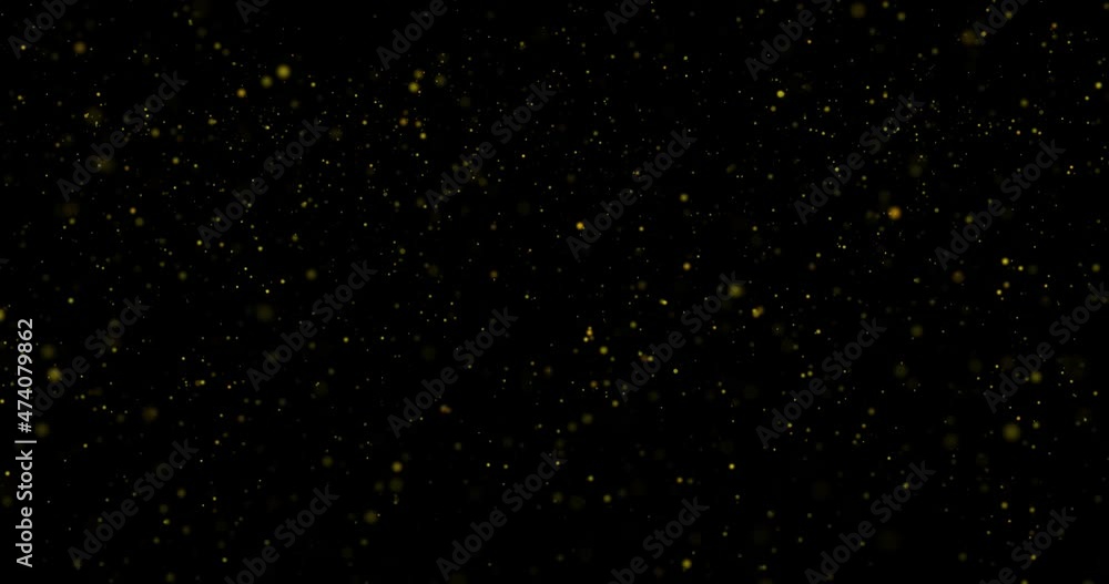 Poster golden glitter shimmering bokeh particles on dark black empty copy space background seamless loop an
