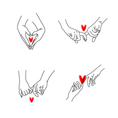 A set of touching hands and intertwined fingers drawn in black contour lines on a white background. Vector illustration.