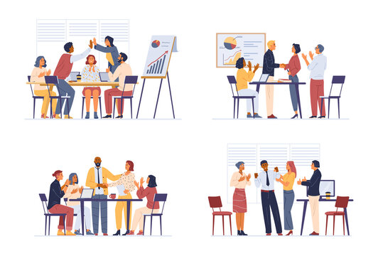 Diverse Business Teams Congratulating Colleague In The Office Vector Set.