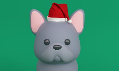 Cute little French Bulldog dog in Santa Claus hat. 3d rendering