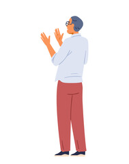 Smiling man wearing glasses standing back applauding flat vector isolated illustration.