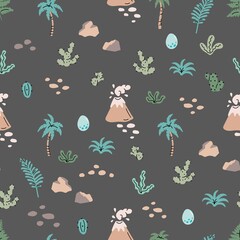 Seamless pattern with hand drawn volcanoes, palms, stones, cactuses, leaves in scandinavian style. Creative vector trendy childish background for fabric, textile