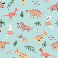 Seamless pattern with hand drawn dinosaurs in nature in scandinavian style. Creative vector trendy childish background for fabric, textile