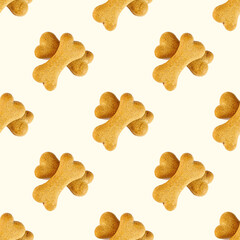 Bone shaped dog biscuit repeat seamless pattern on light background.