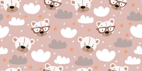 seamless teddy bear, clouds, stars pattern vector illustration in beige pastel colors