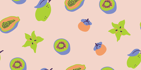 Exotic fruit seamless pattern in doodle style. Vector repeat background for colorful summer fabric in pastel colors