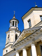 Bell tower with openwork light colonnade of the Church of Clement, Pope in Torzhok, Tver region,...