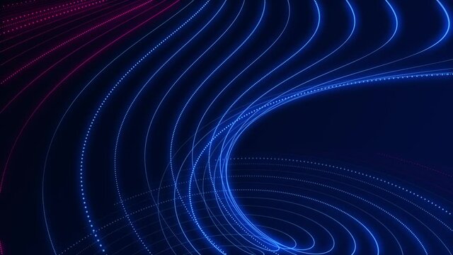 Elegant spiraling fractal light wave motion background animation with glowing pink and blue particles. Full HD and looping geometric background.