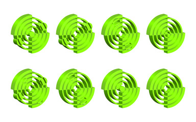 A set of 8 isometric 3D logos. Abstract round logo template. Sector geometric shape, symmetrical symbol, concentric circles, orbits. The company's logo design, etc.