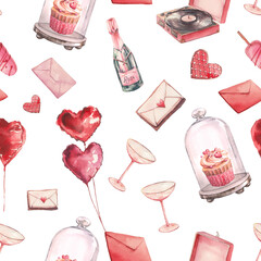 Valentine's Day seamless pattern. Romantic repeating background design with sweets, air balloons and glasses.