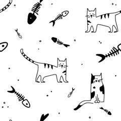 Seamless pattern with cats and fish. Great for postcards, stickers, wallpaper and textile. White isolated background. - 474085009